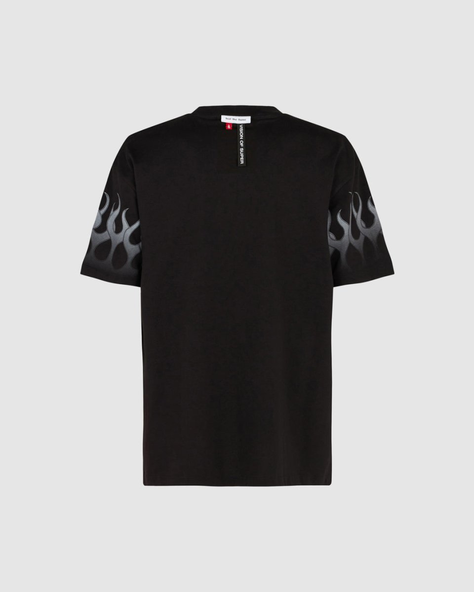 BLACK T-SHIRT WITH WHITE FLAMES AND LOGO