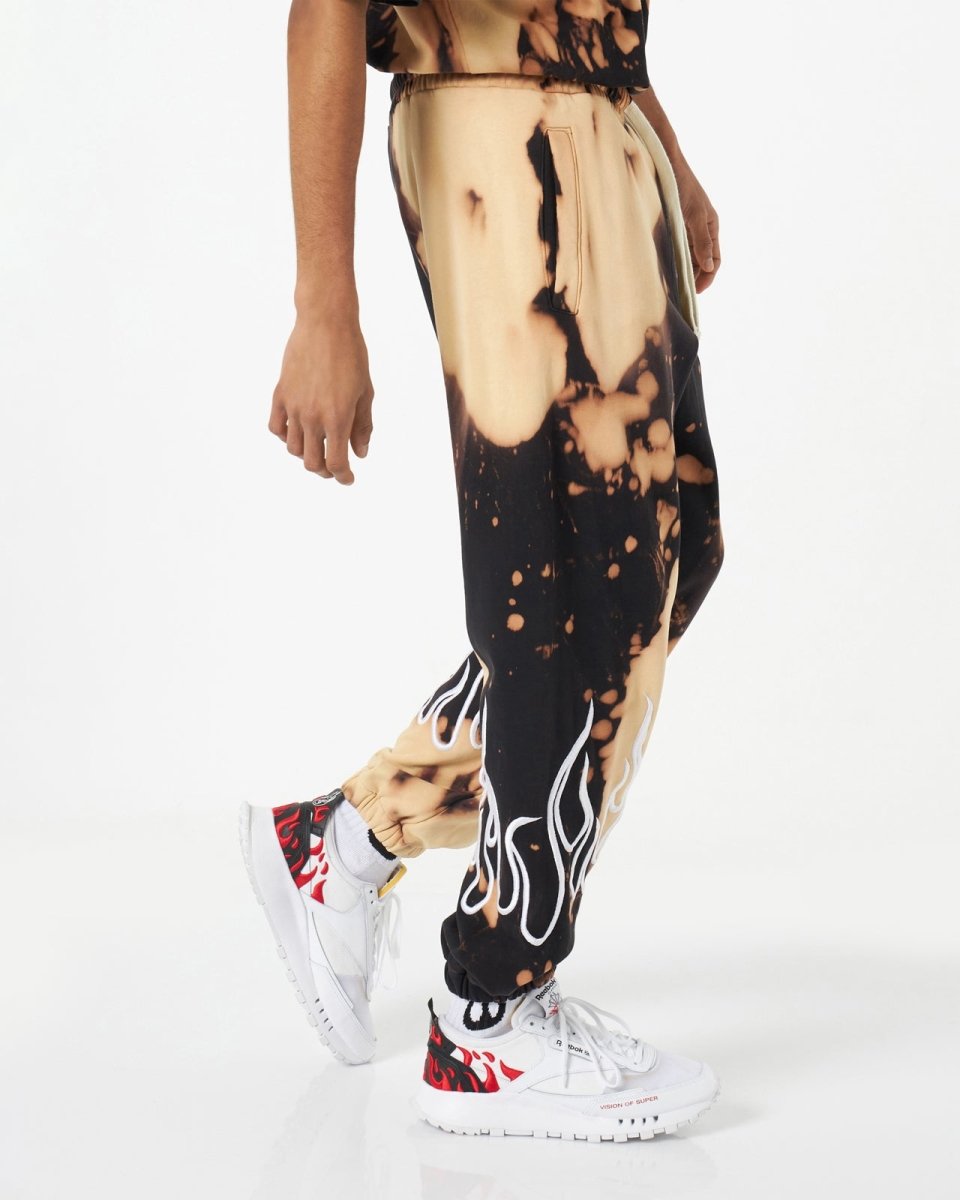 Black Tie Dye Pants with Embroidery Flames