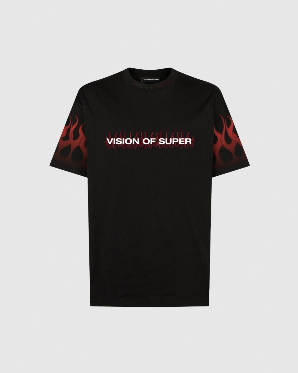 BLACK TSHIRT WITH RED FLAMES AND LOGO