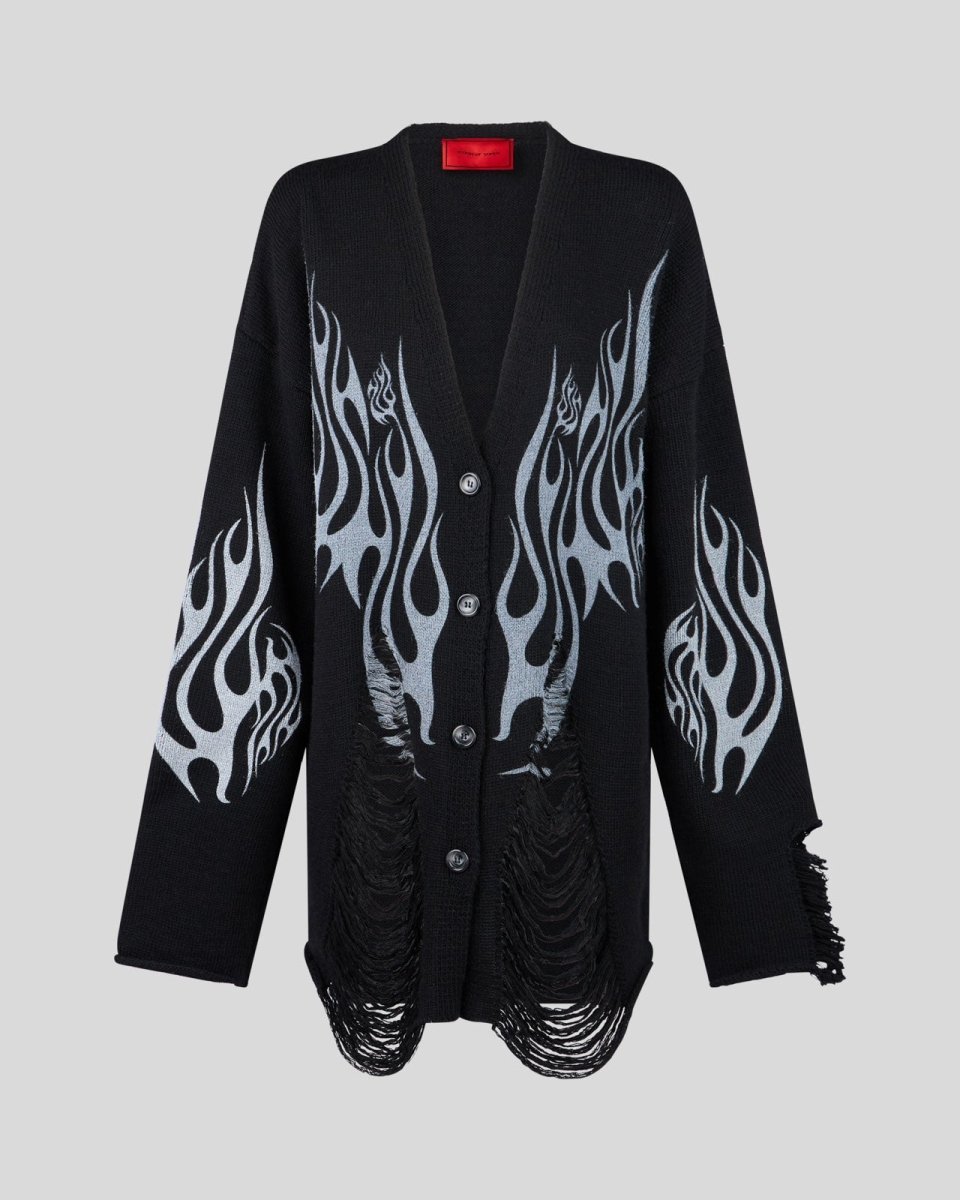 BLACK CARDIGAN WITH WHITE TRIBAL FLAMES