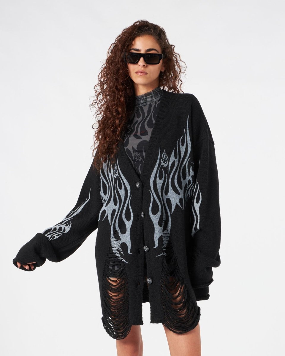 BLACK CARDIGAN WITH WHITE TRIBAL FLAMES