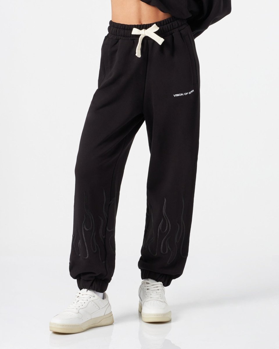 BLACK WOMAN PANTS WITH BLACK EMBROIDERED FLAMES
