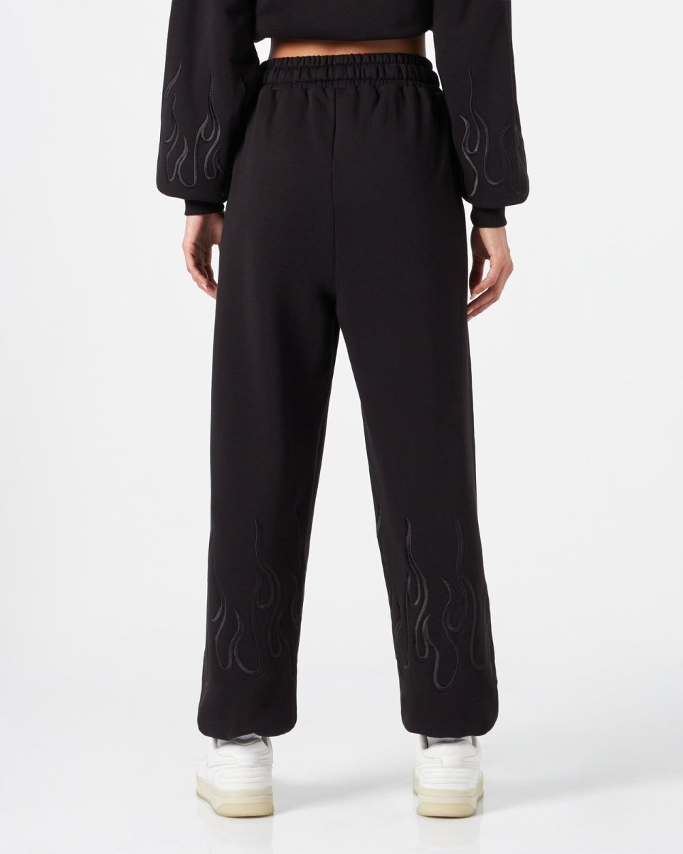BLACK WOMAN PANTS WITH BLACK EMBROIDERED FLAMES