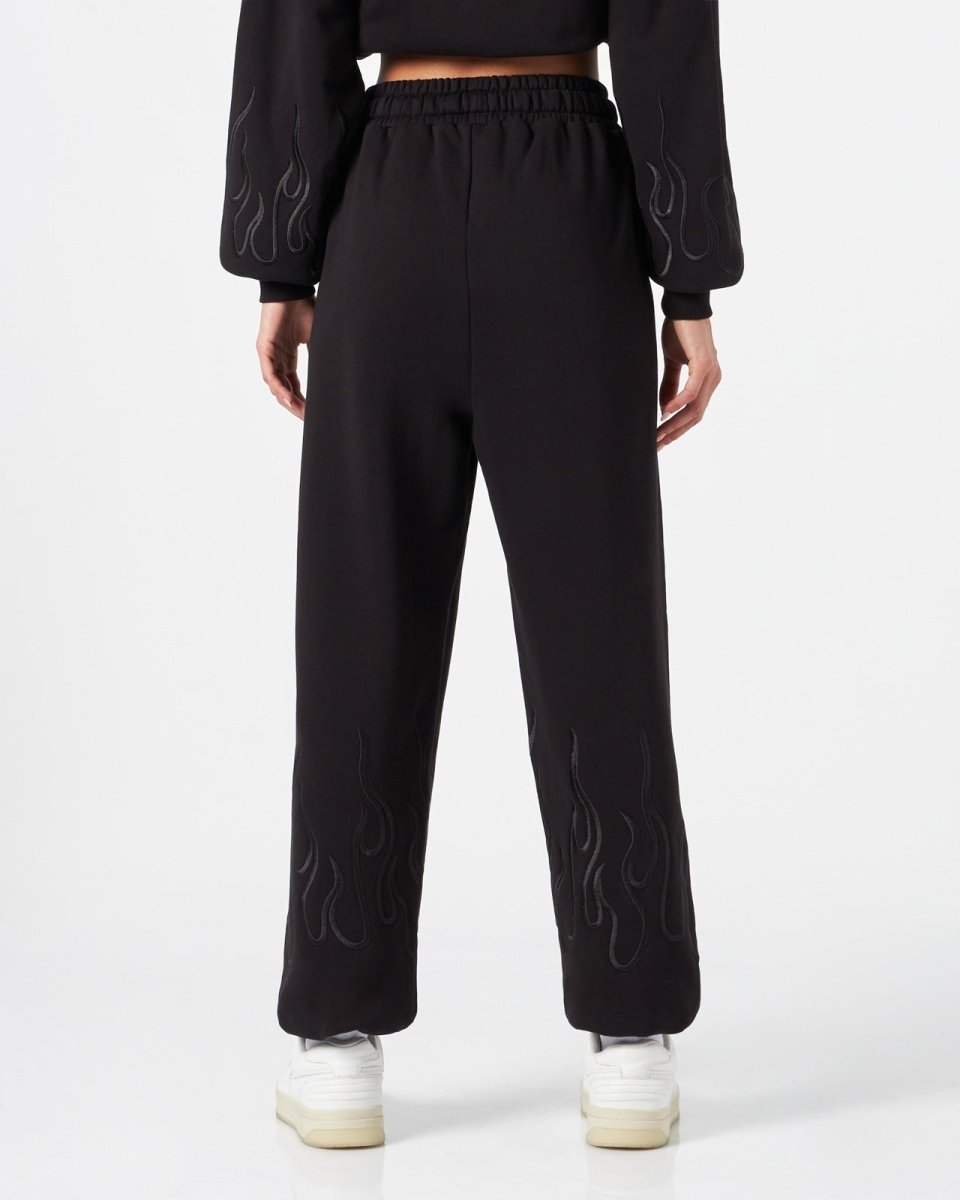 BLACK WOMAN PANTS WITH BLACK EMBROIDERED FLAMES - Vision of Super