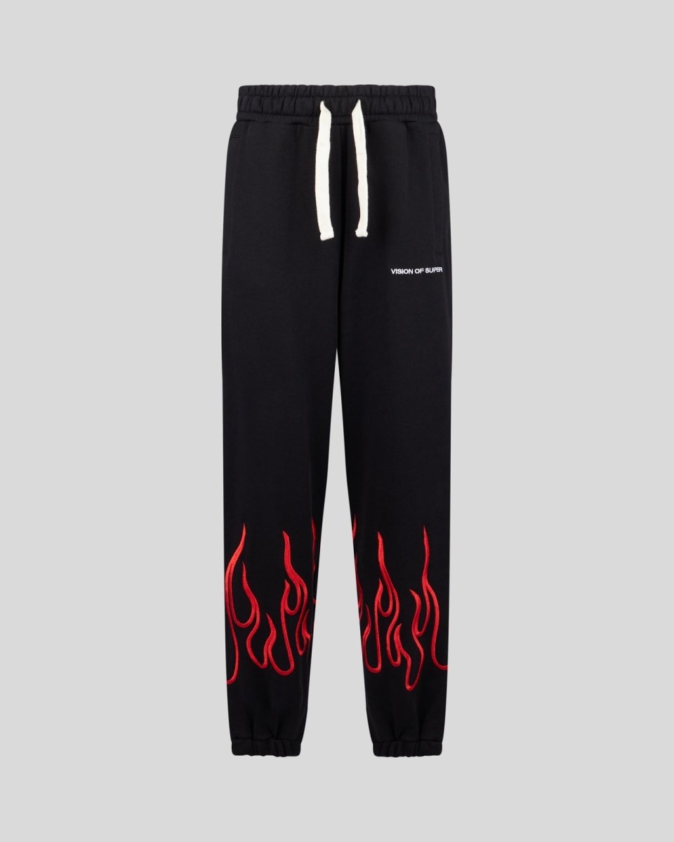 BLACK WOMAN PANTS WITH RED EMBROIDERED FLAMES - Vision of Super