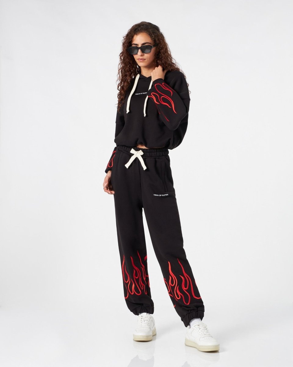 BLACK WOMAN PANTS WITH RED EMBROIDERED FLAMES - Vision of Super