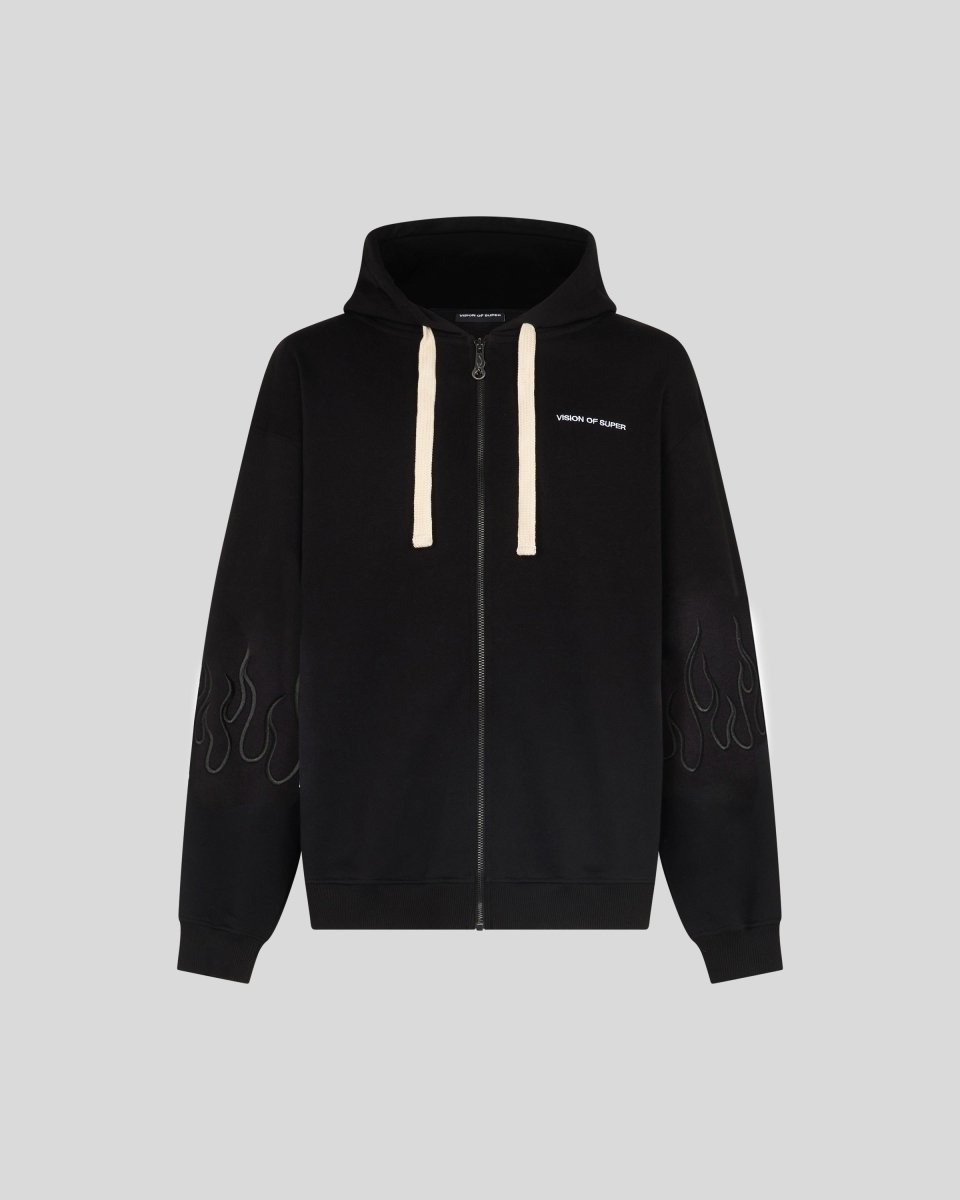 BLACK ZIP HOODIE WITH BLACK EMBROIDERED FLAMES - Vision of Super