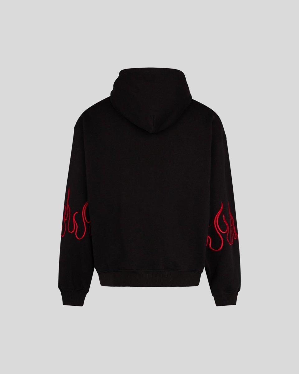 BLACK ZIP HOODIE WITH RED EMBROIDERED FLAMES - Vision of Super