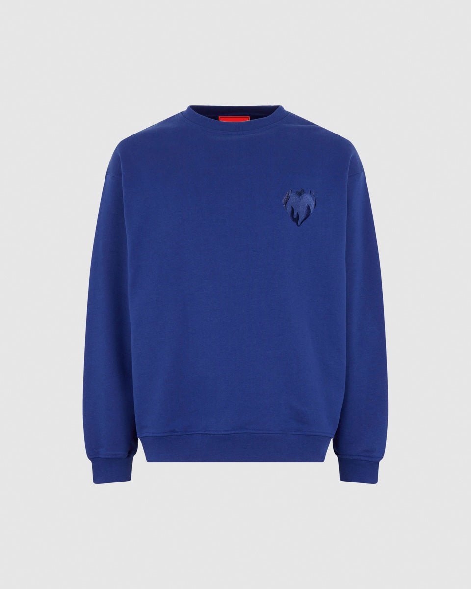 BLUE CREWNECK WITH EMBROIDERED FLAMING HEART