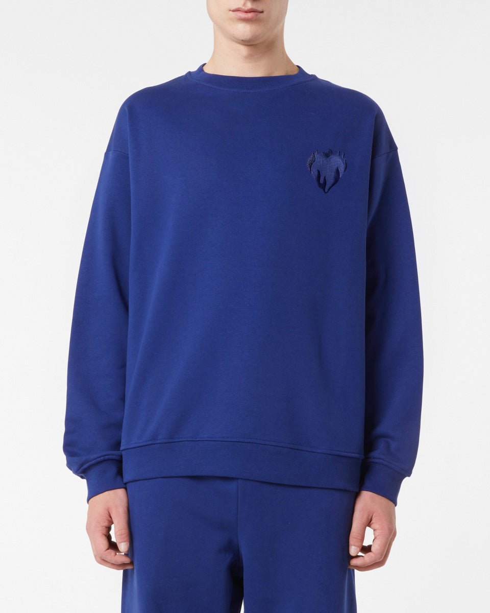 BLUE CREWNECK WITH EMBROIDERED FLAMING HEART - Vision of Super