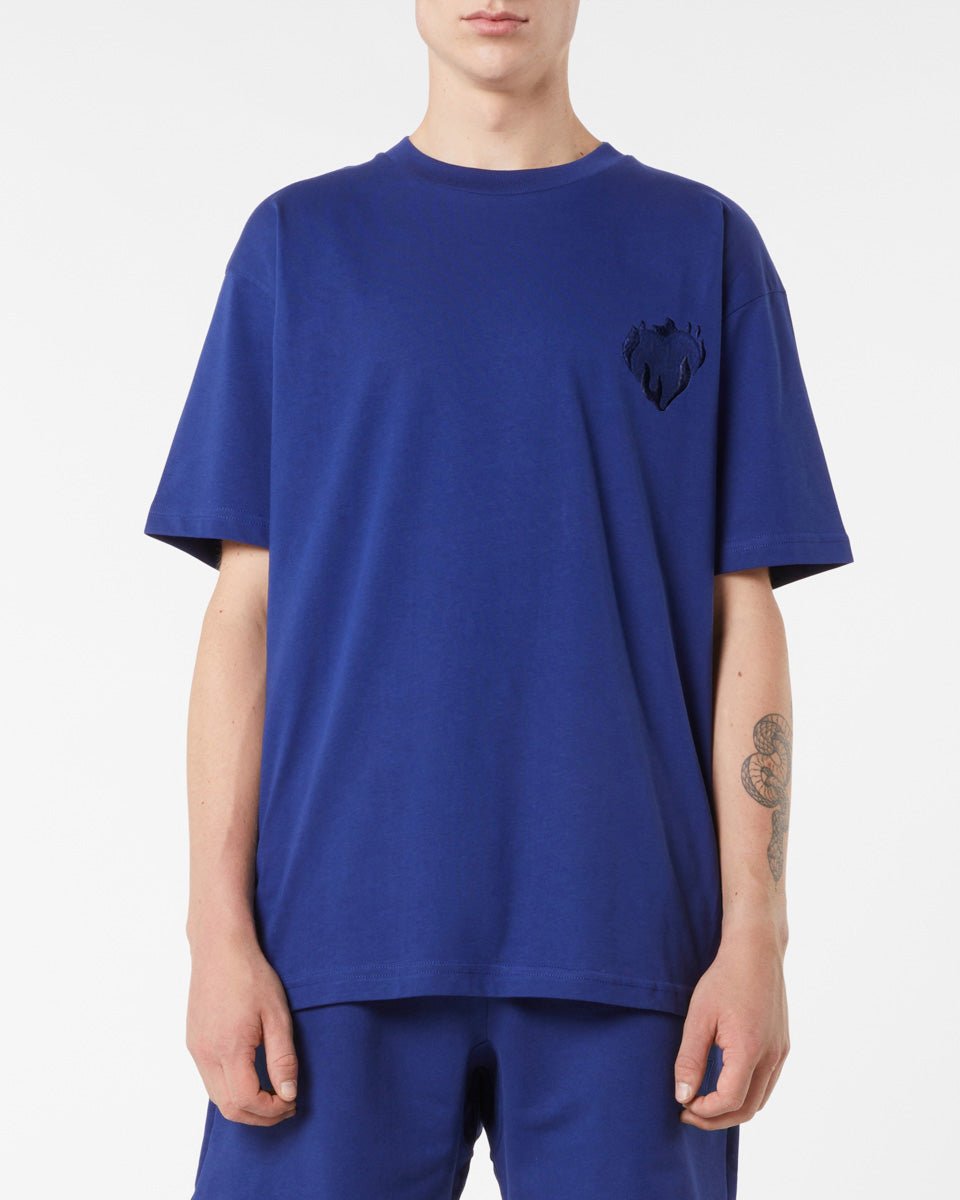 BLUE T-SHIRT WITH EMBROIDERED FLAMING HEART
