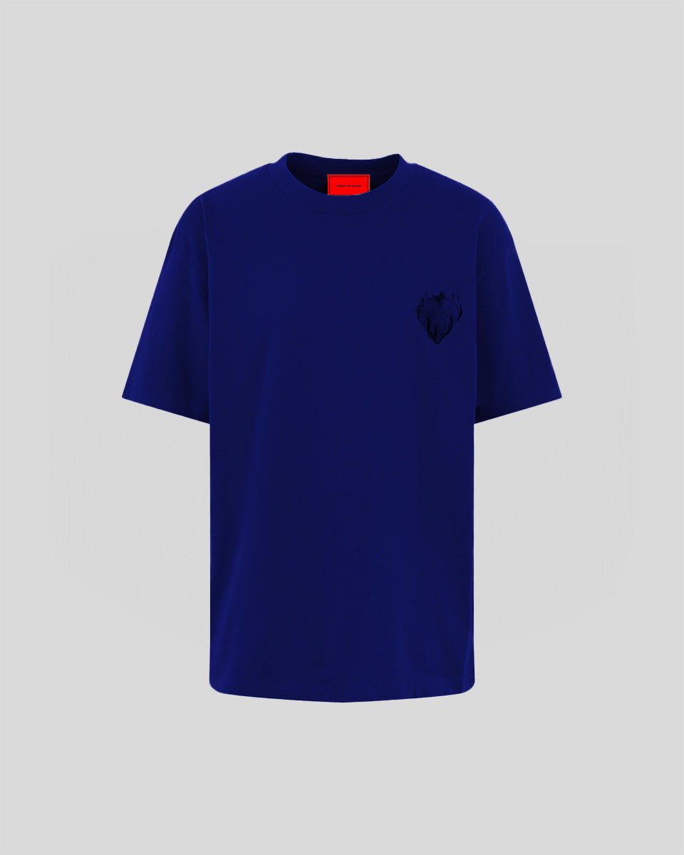 BLUE T-SHIRT WITH EMBROIDERED FLAMING HEART