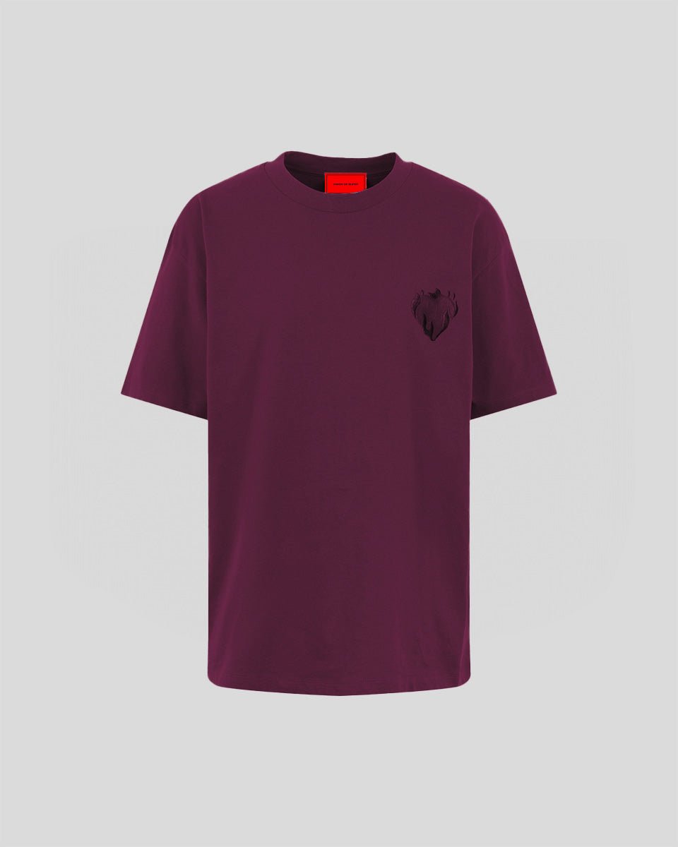 GRAPE WINE T-SHIRT WITH EMBROIDERED FLAMING HEART - Vision of Super