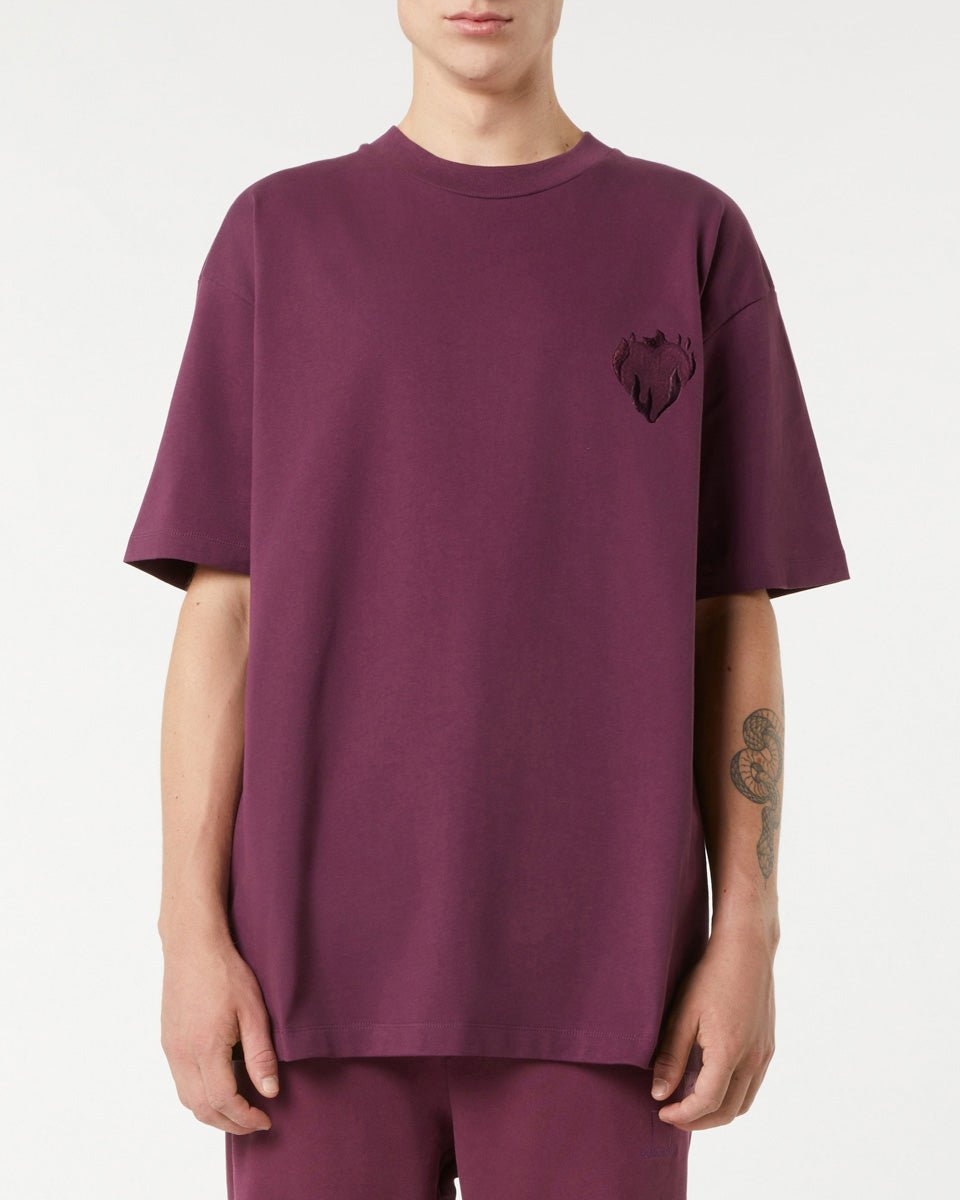 GRAPE WINE T-SHIRT WITH EMBROIDERED FLAMING HEART - Vision of Super