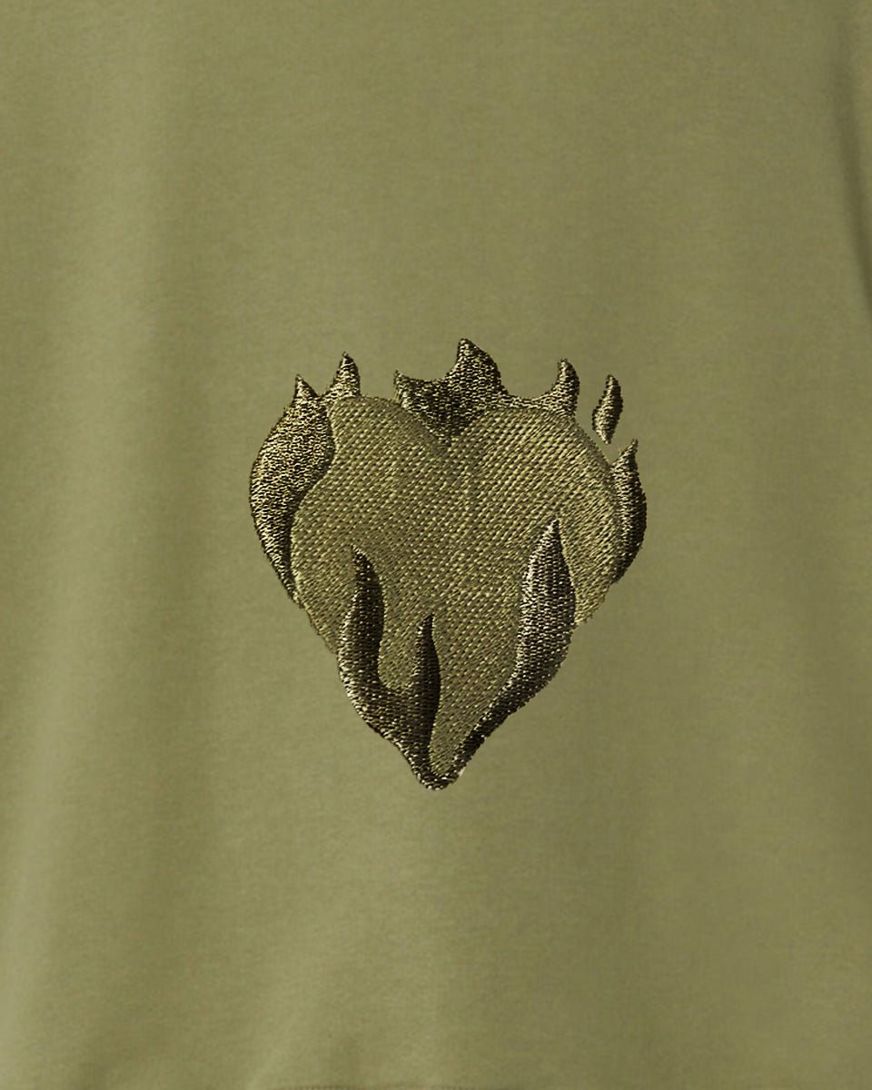 GREEN CREWNECK WITH EMBROIDERED FLAMING HEART