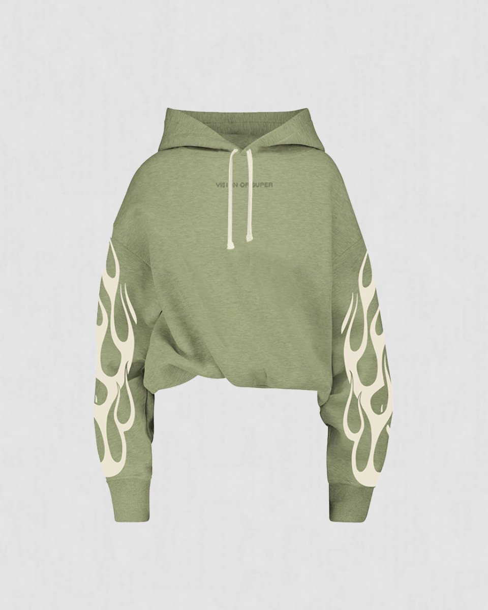 GREEN CROP HOODIE WITH OFF WHITE FLAMES
