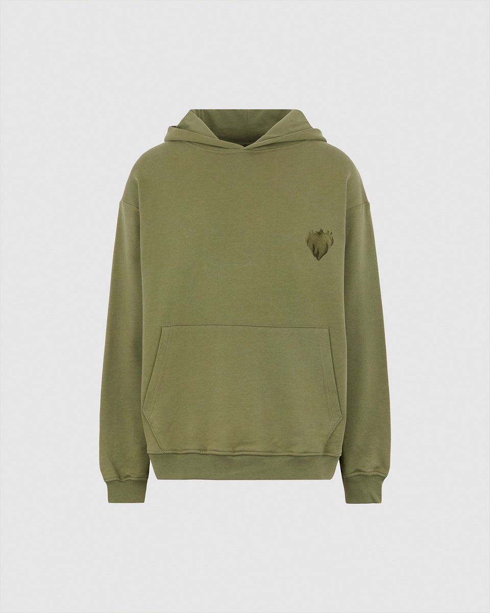 GREEN HOODIE WITH EMBROIDERED FLAMING HEART