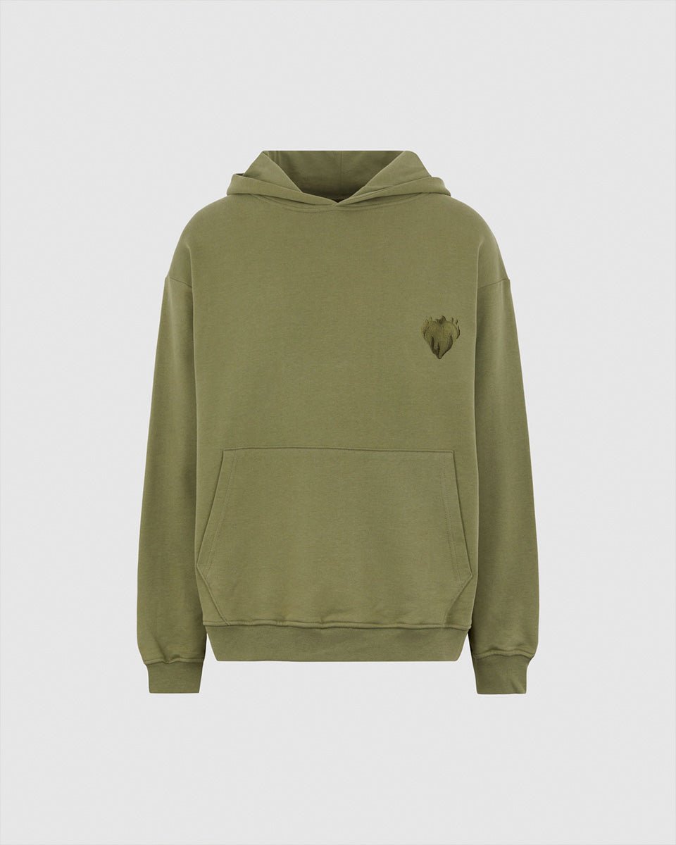 GREEN HOODIE WITH EMBROIDERED FLAMING HEART - Vision of Super