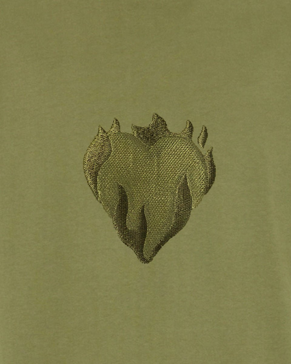 GREEN HOODIE WITH EMBROIDERED FLAMING HEART