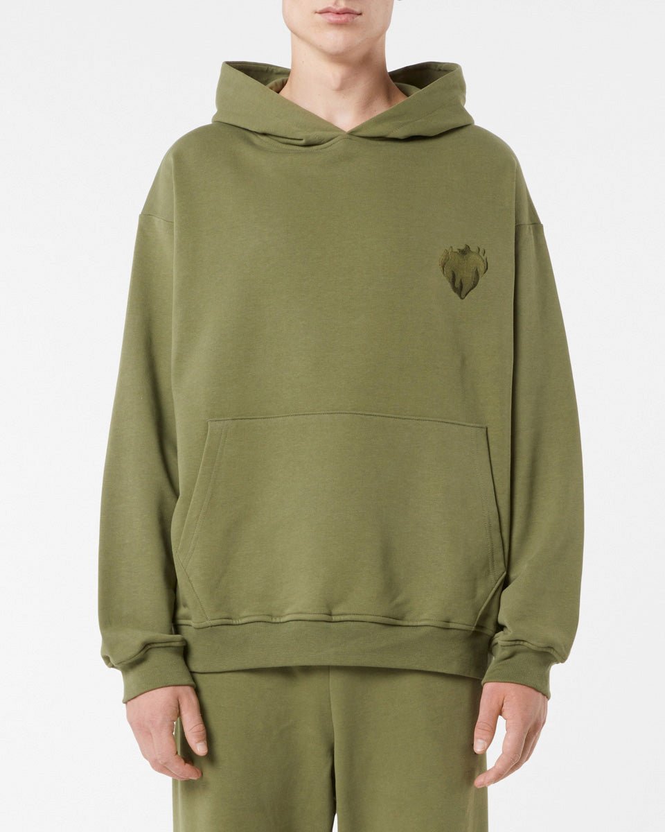 GREEN HOODIE WITH EMBROIDERED FLAMING HEART - Vision of Super