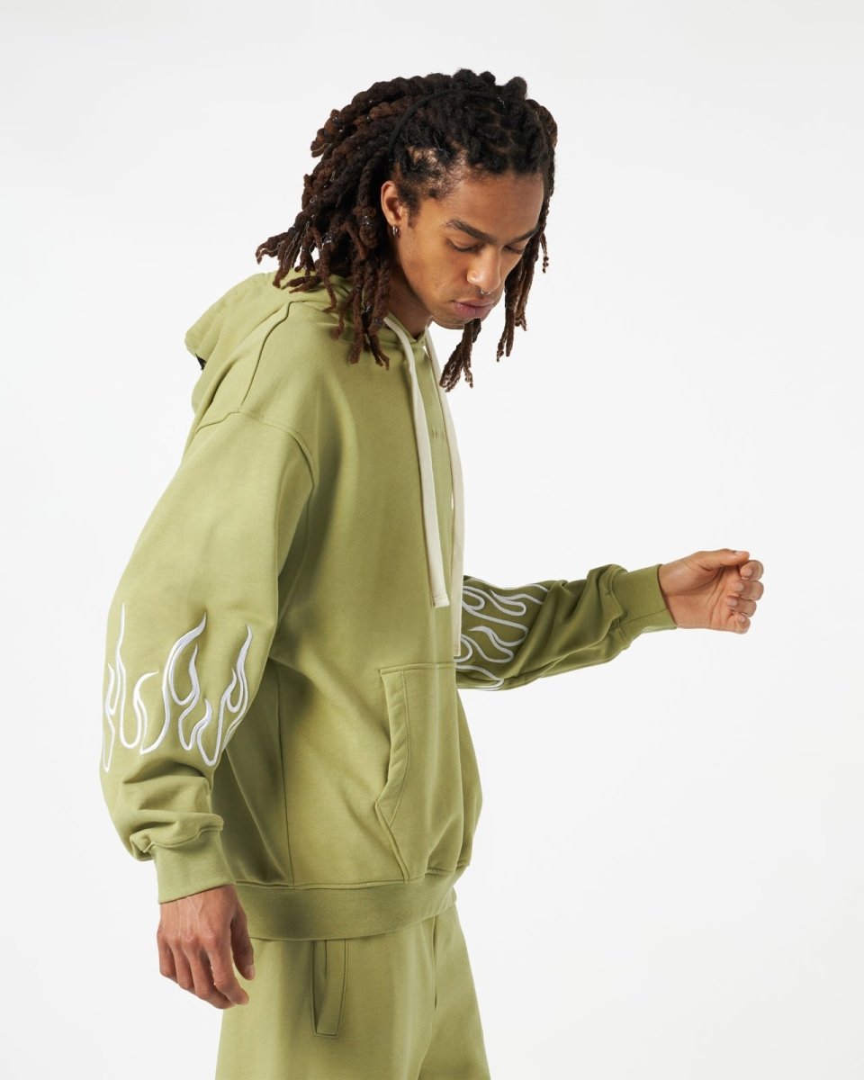 Green Hoodie with Embroidery Flames