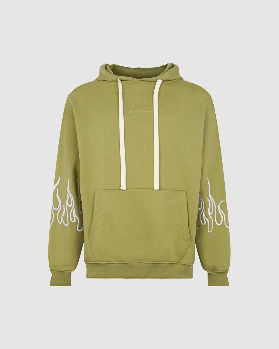 GREEN HOODIE WITH EMBROIDERED FLAMES