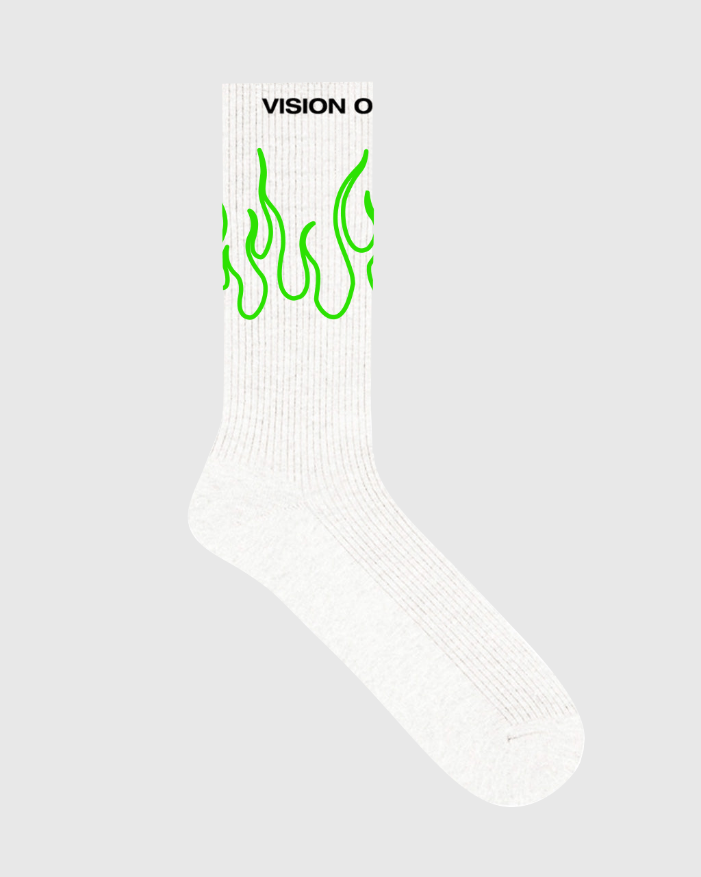 WHITE SOCKS WITH GREEN OUTLINE FLAMES