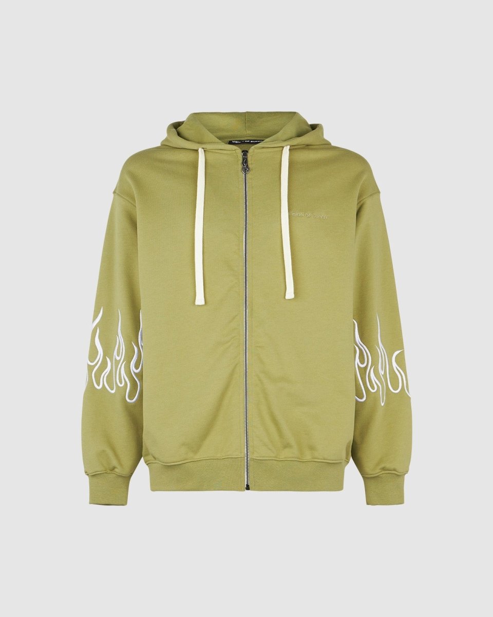 Green Zip Hoodie with Embroidery Flames - Vision of Super