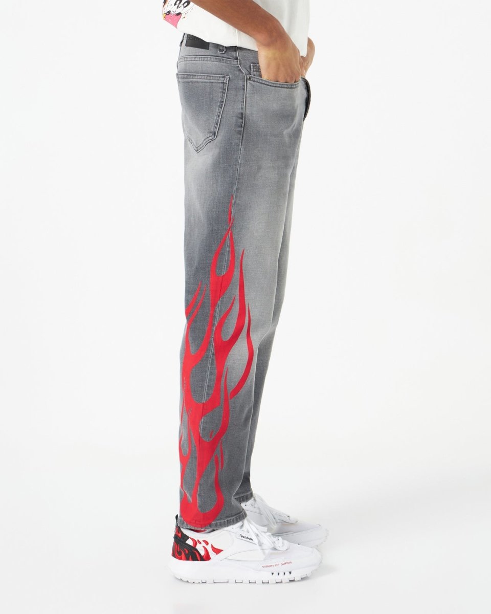 Grey Denim with Red Flames