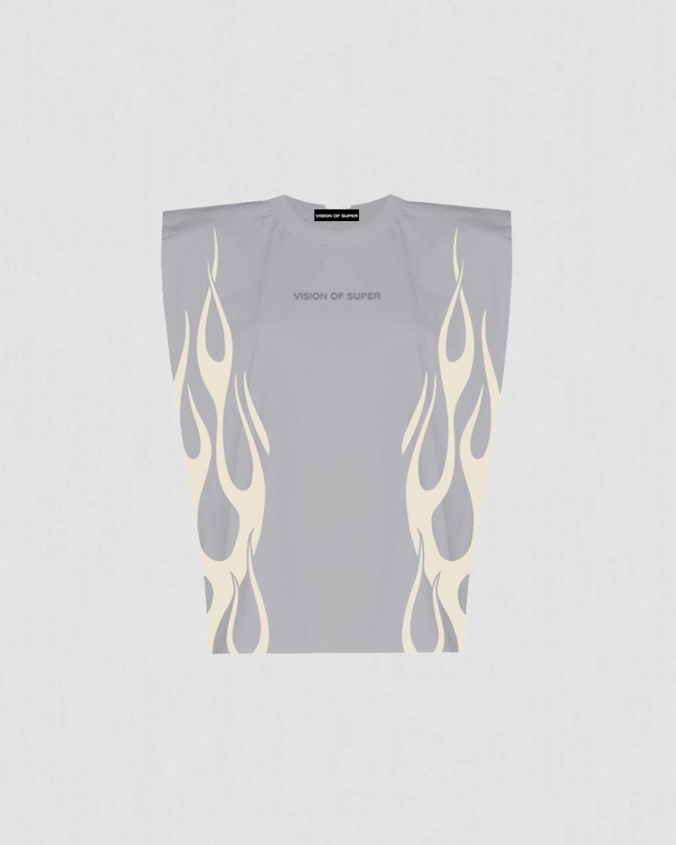 GREY SLEEVELESS TSHIRT WITH OFF WHITE FLAMES
