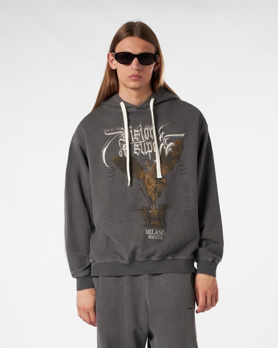 GREY STONEWASHED HOODIE WITH ANGEL STATUE GRAPHICS
