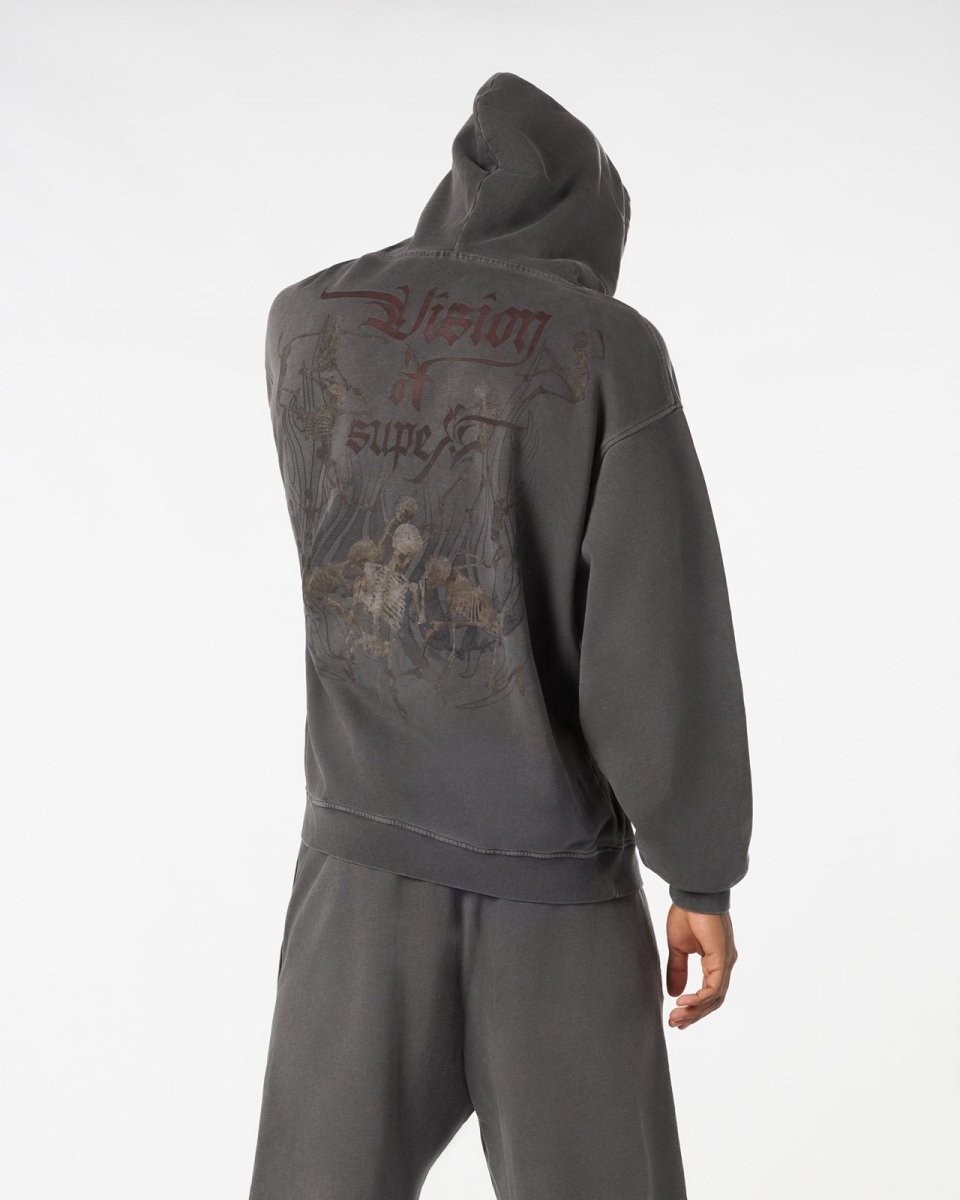 GREY STONEWASHED HOODIE WITH DANCING SKELETONS GRAPHICS - Vision of Super