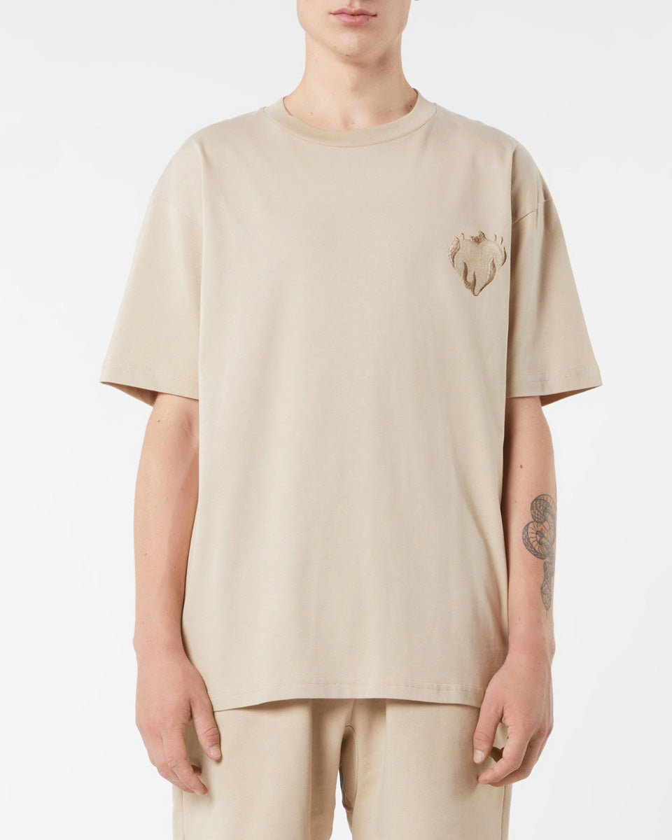 LIGHT BROWN T-SHIRT WITH EMBROIDERED FLAMING HEART - Vision of Super
