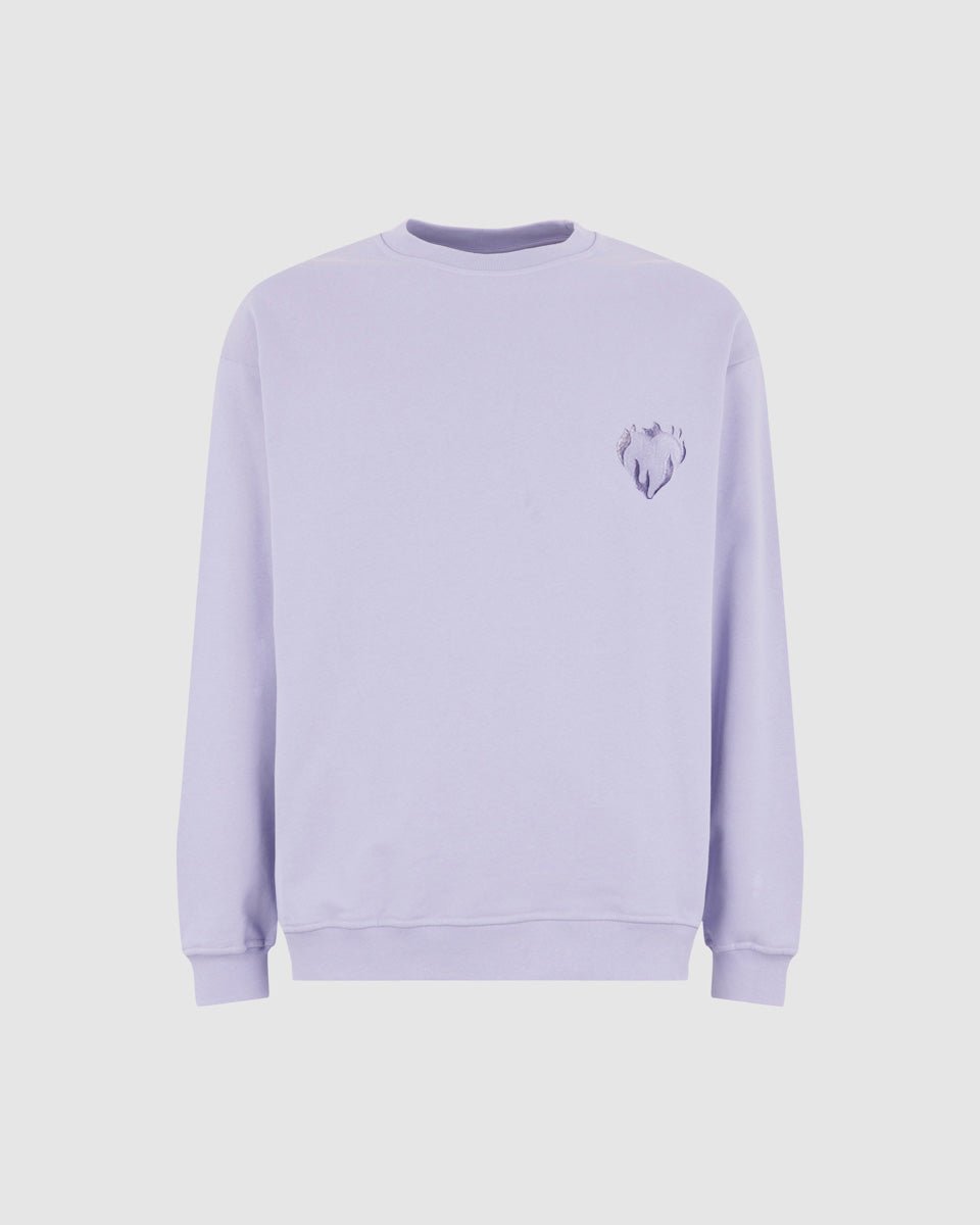 LILAC CREWNECK WITH EMBROIDERED FLAMING HEART