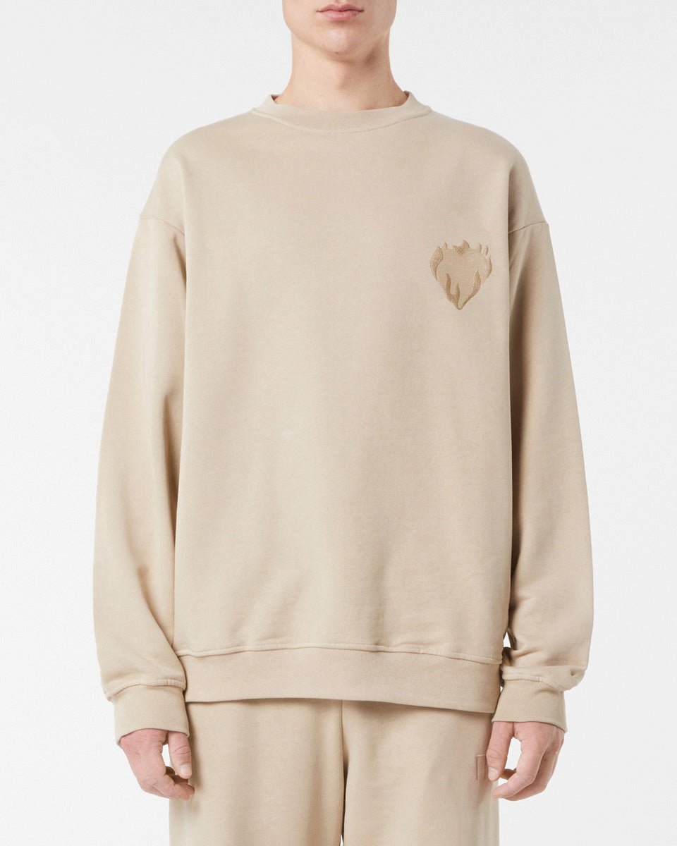 LIGHT BROWN CREWNECK WITH EMBROIDERED FLAMING HEART