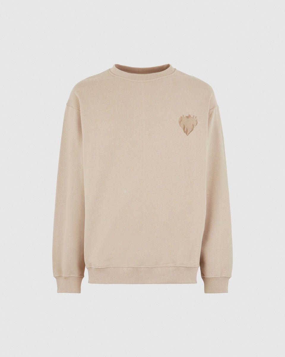 LIGHT BROWN CREWNECK WITH EMBROIDERED FLAMING HEART