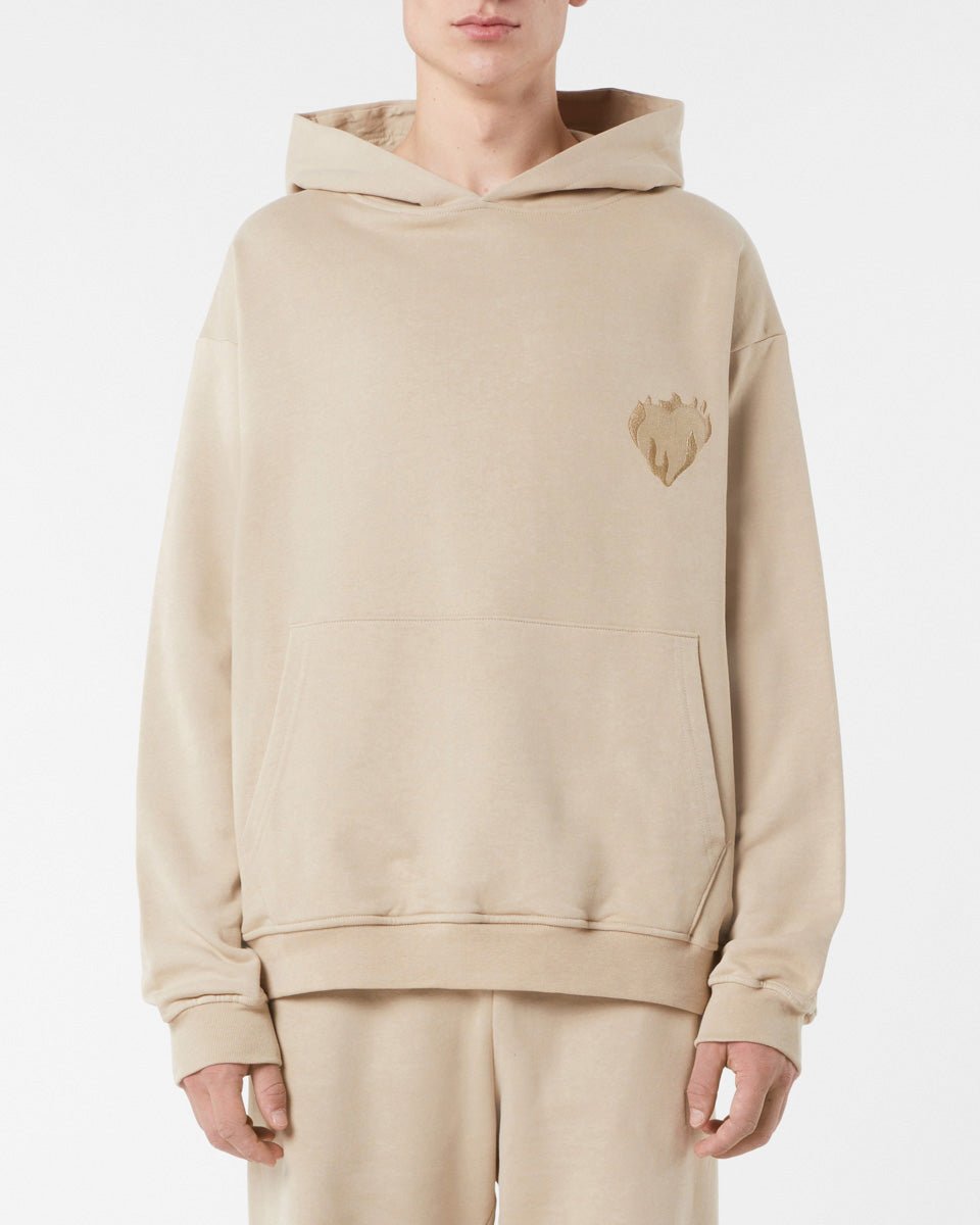 LIGHT BROWN HOODIE WITH EMBROIDERED FLAMING HEART