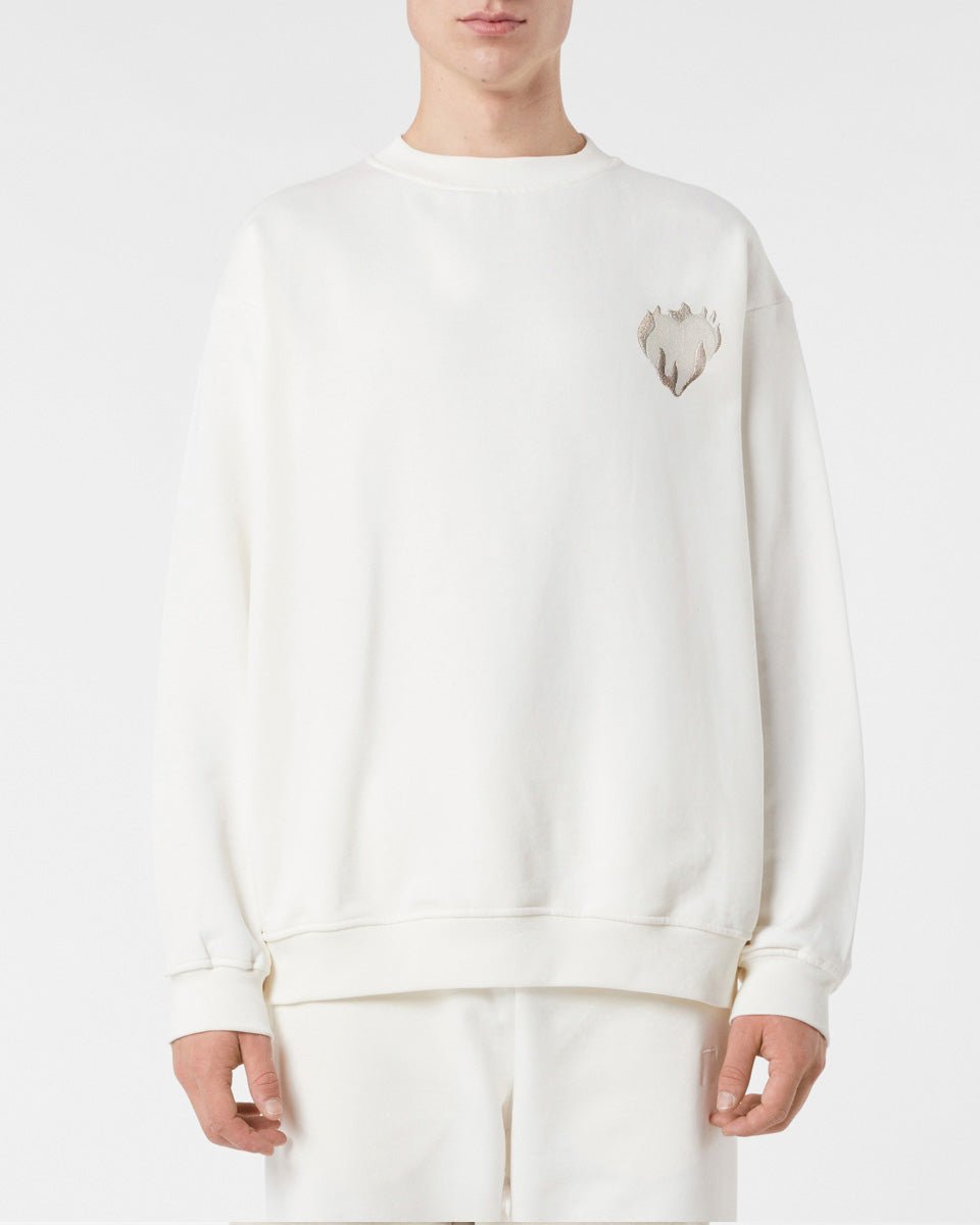 OFF WHITE CREWNECK WITH EMBROIDERED FLAMING HEART