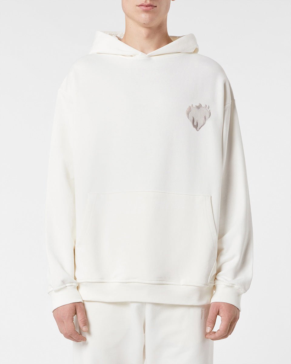 OFF WHITE HOODIE WITH EMBROIDERED FLAMING HEART