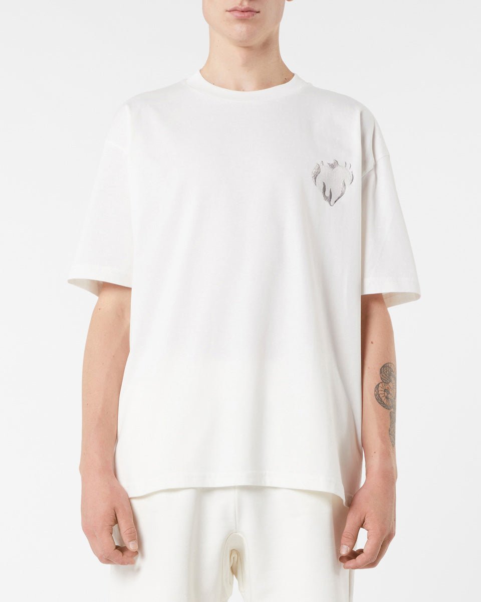 OFF WHITE T-SHIRT WITH EMBROIDERED FLAMING HEART