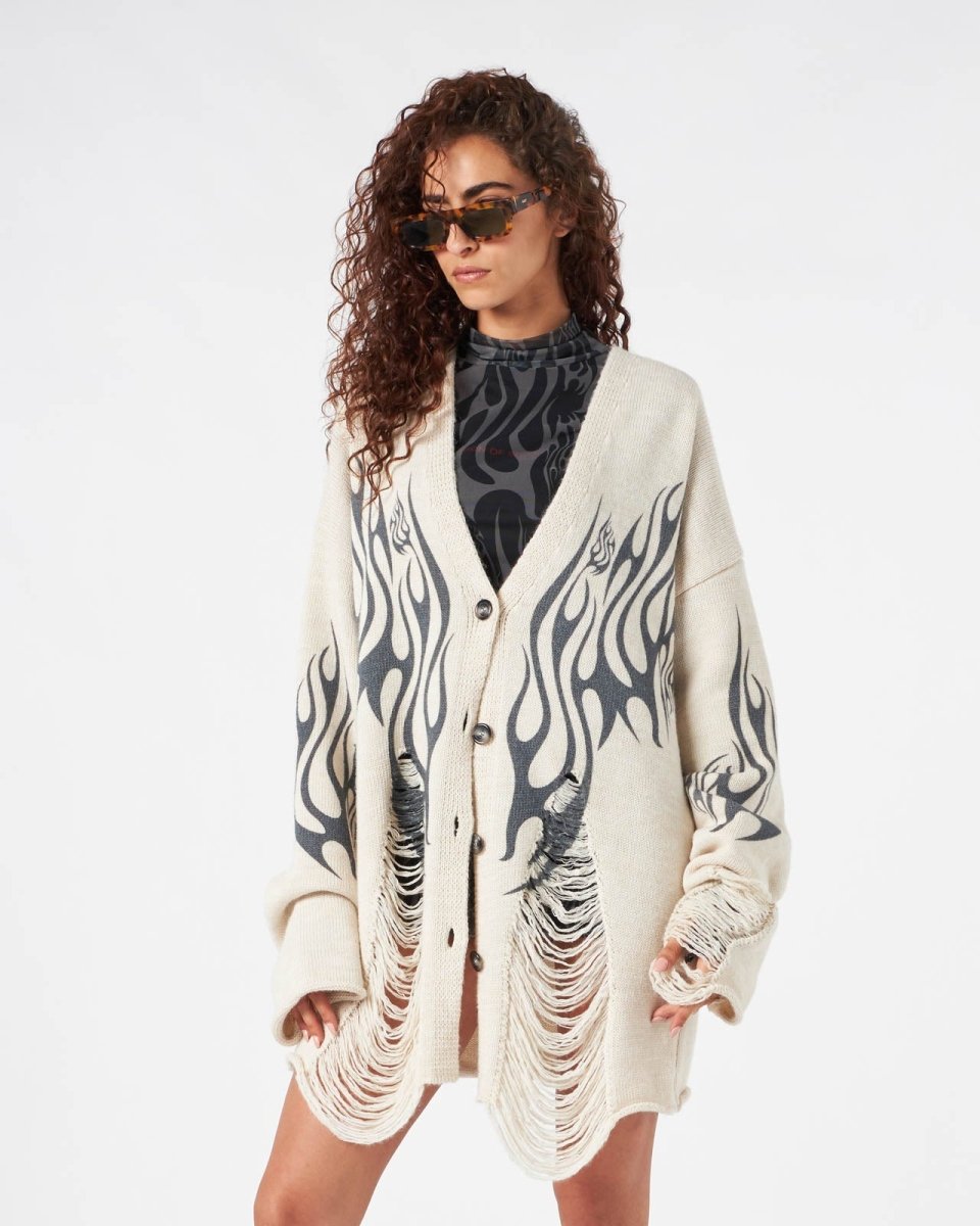 WHITE CARDIGAN WITH BLACK TRIBAL FLAMES