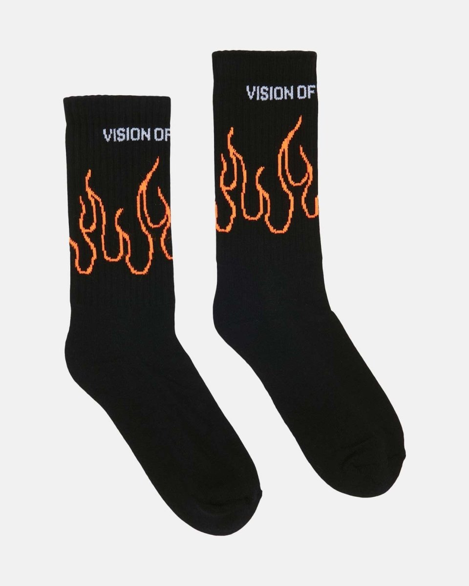Orange Outline Flames Black Socks - Vision of Super
