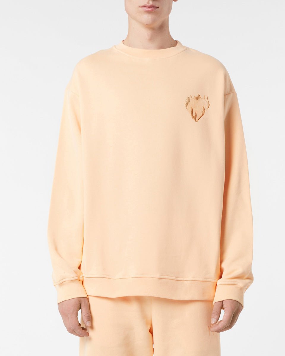 PEACH CREWNECK WITH EMBROIDERED FLAMING HEART