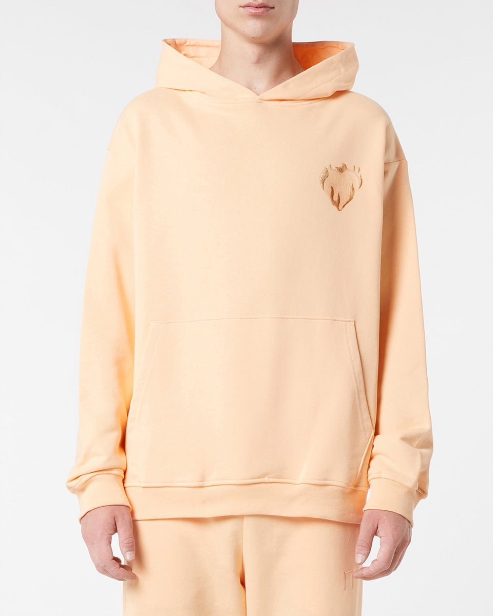 PEACH HOODIE WITH EMBROIDERED FLAMING HEART