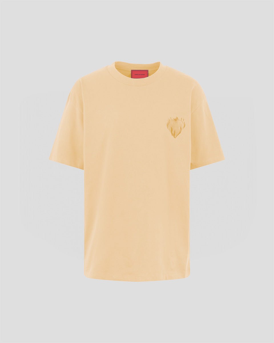 PEACH T-SHIRT WITH EMBROIDERED FLAMING HEART