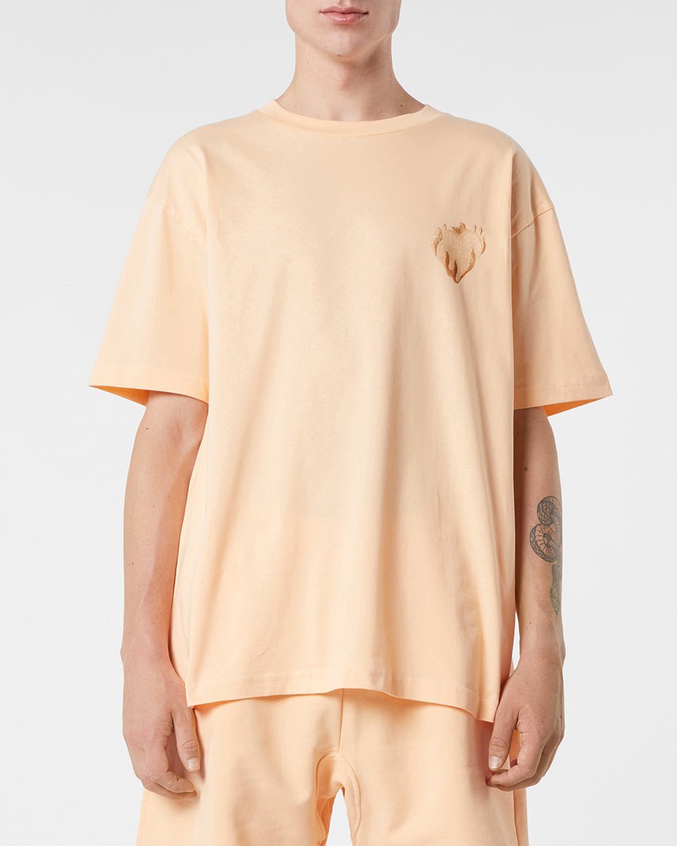 PEACH T-SHIRT WITH EMBROIDERED FLAMING HEART - Vision of Super