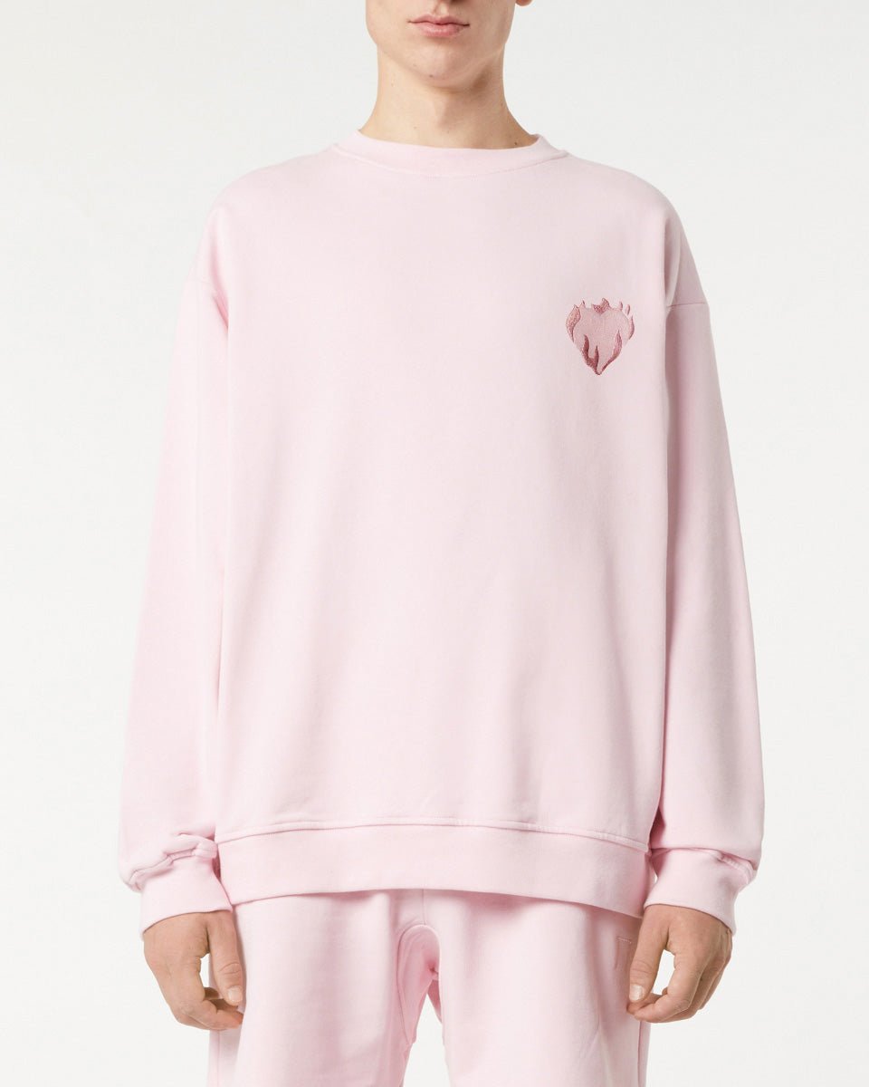 PINK CREWNECK WITH EMBROIDERED FLAMING HEART - Vision of Super