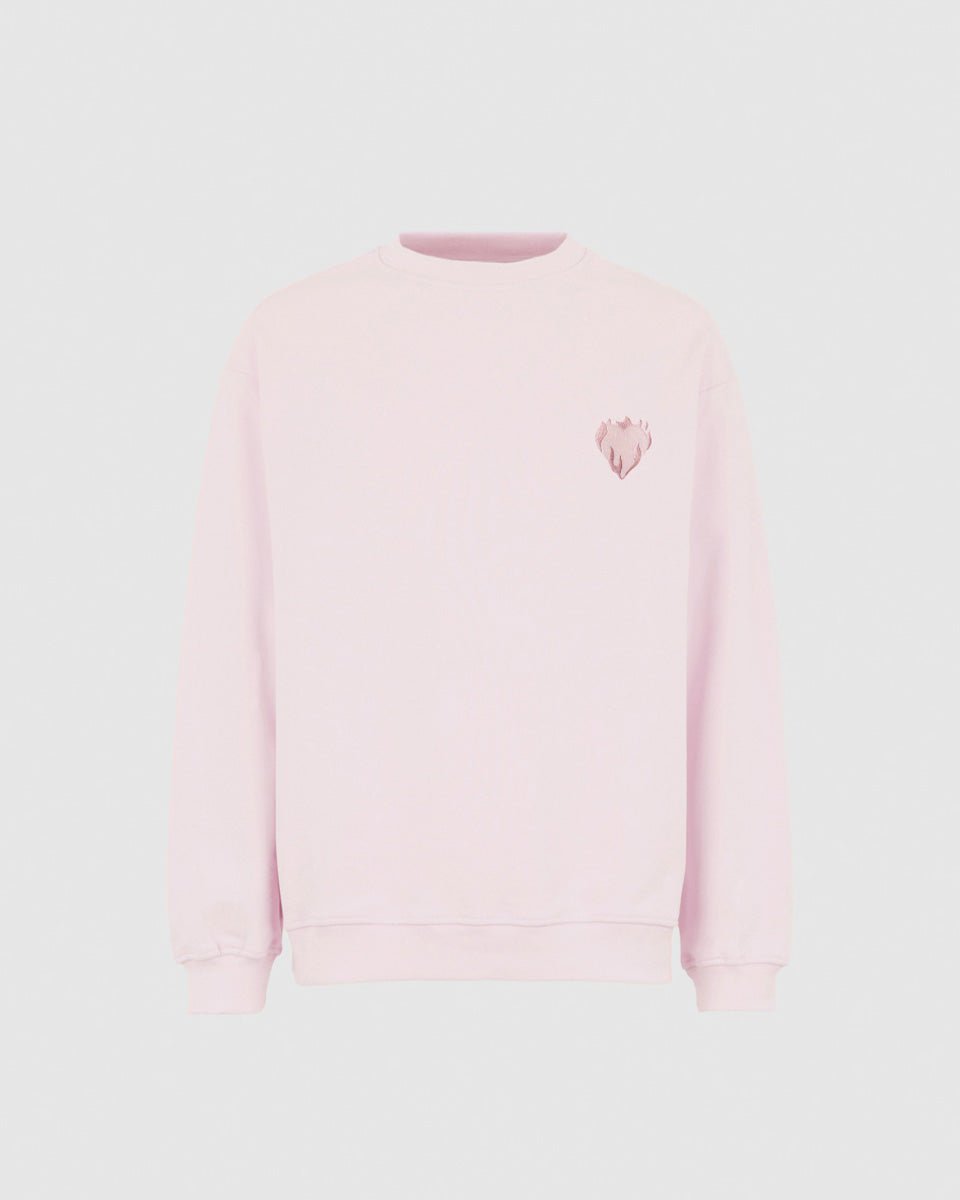 PINK CREWNECK WITH EMBROIDERED FLAMING HEART