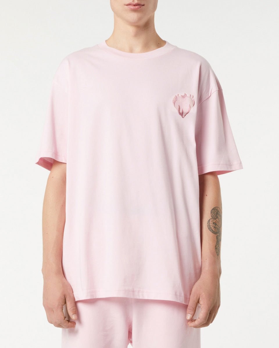 PINK T-SHIRT WITH EMBROIDERED FLAMING HEART