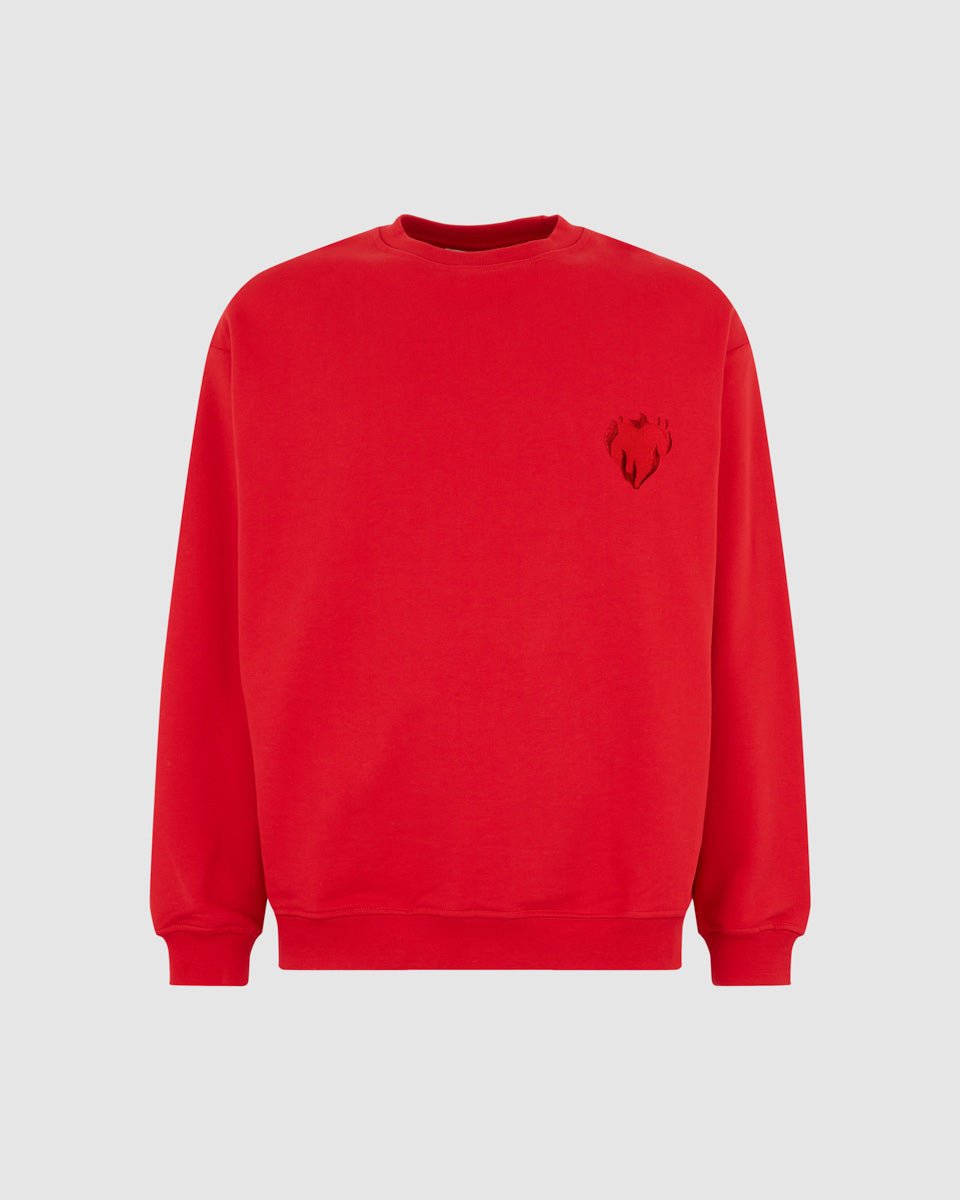 RED CREWNECK WITH EMBROIDERED FLAMING HEART